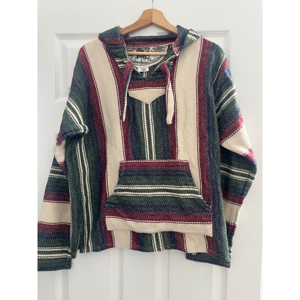Original Senor Lopez Baja Hoodie Mens S Striped Woven Mexican Poncho Green Red